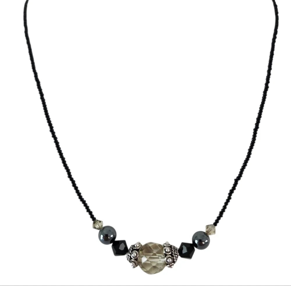 Dainty necklace 925 sterling silver faceted crystal pendant petite seed beads